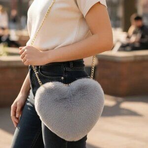 Heart-Shaped Faux Fur (Light Gray) Crossbody Shoulder Bag Purse (NEW & SO CUTE!)